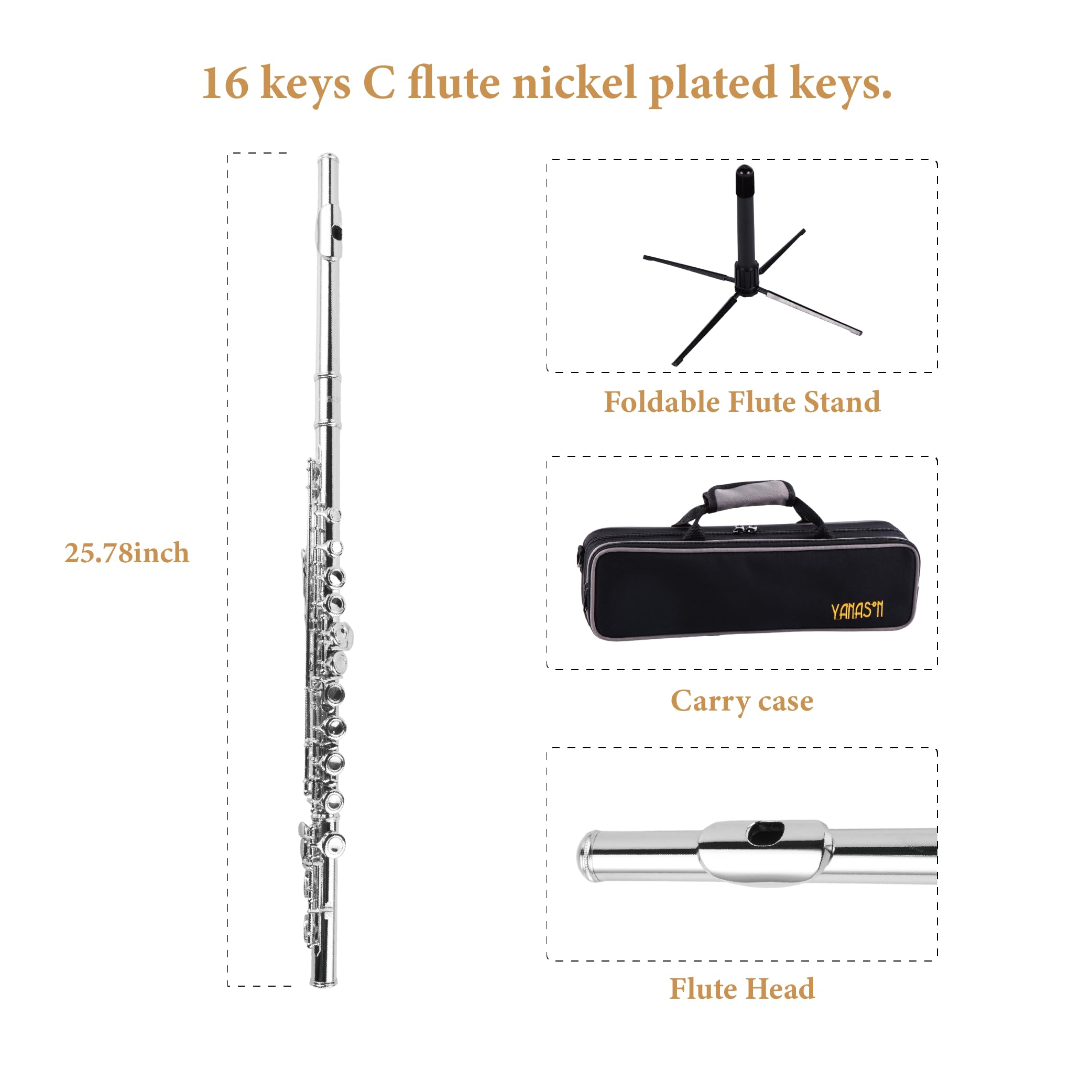 YANASON Student C Flute 16 Closed Hole C Flute with Carrying Case Stand Gloves Cleaning Cloth and More
